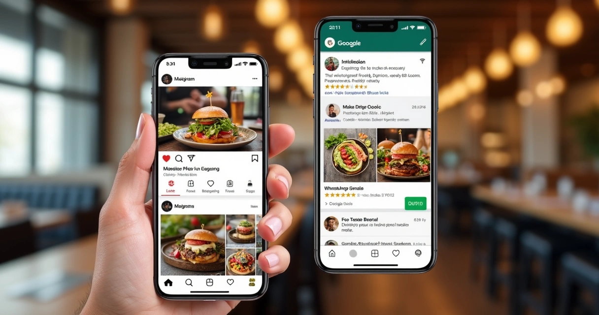 Perfis digitais de restaurante organizados com avaliações e fotos 