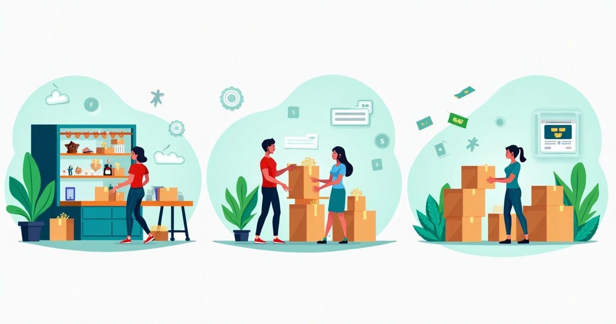 Ilustração de três tipos de operações de dropshipping lado a lado: nicho de produtos exclusivos, alto volume com caixas se empilhando e poucos pedidos de alto valor com notas grandes. 