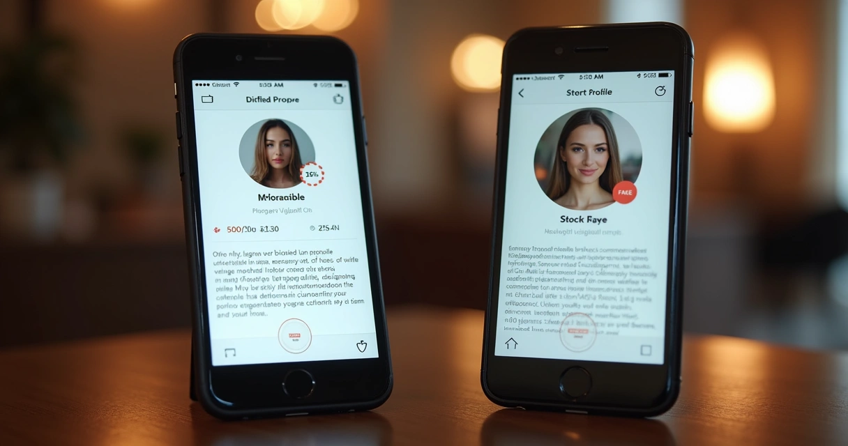 Duas telas de celular lado a lado, uma exibindo um perfil autêntico e outra um perfil fake 