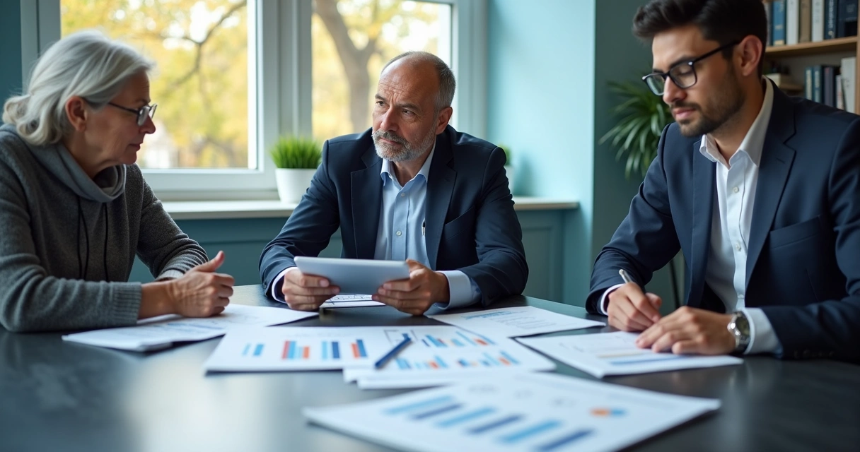 Três pessoas avaliando perfis de investimento para previdência 