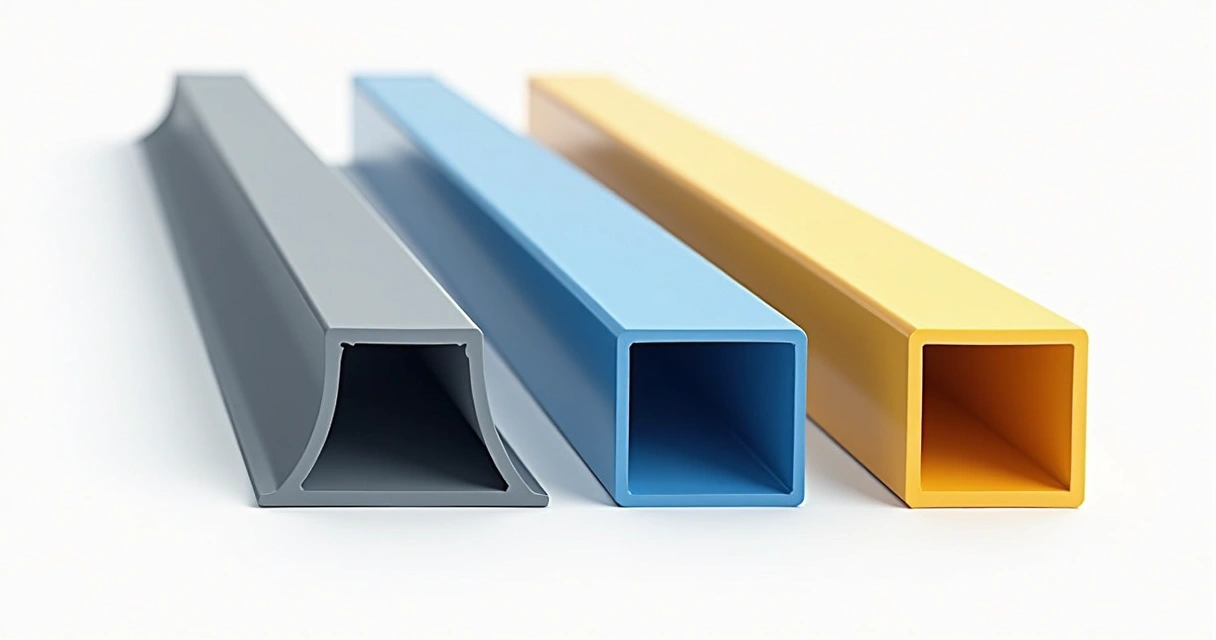 Perfis metálicos em formatos I, H e U lado a lado em perspectiva 