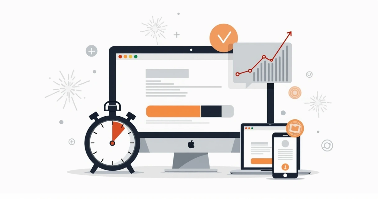 Relógio mostrando site carregando rápido em várias telas 