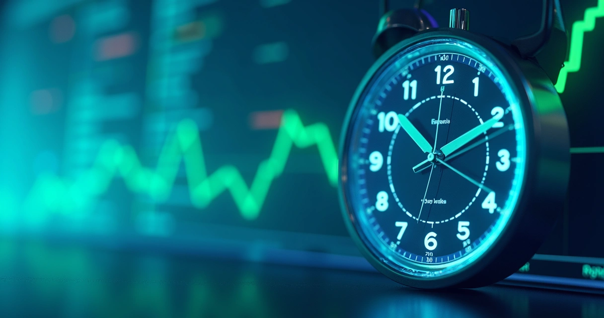 Relógio digital grande sobre fundo minimalista azul claro, com páginas web e gráficos subindo ao fundo 