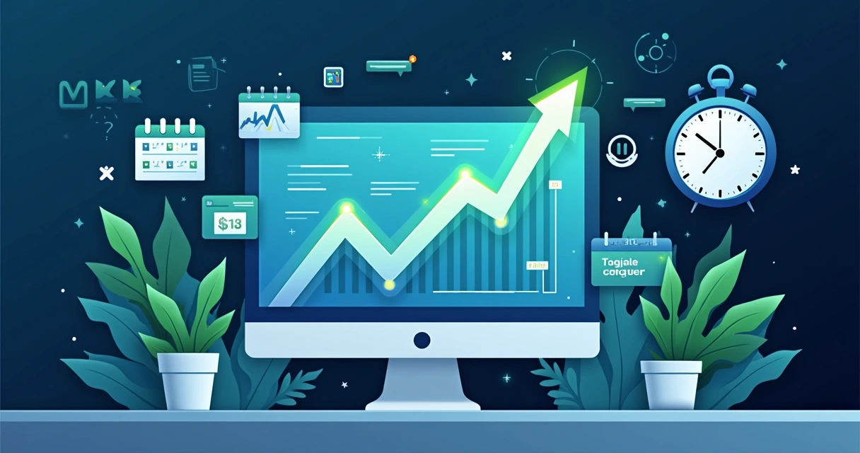 Dashboard digital mostrando estatísticas de vendas subindo e ícones de sucesso, com fundo de loja online animada 
