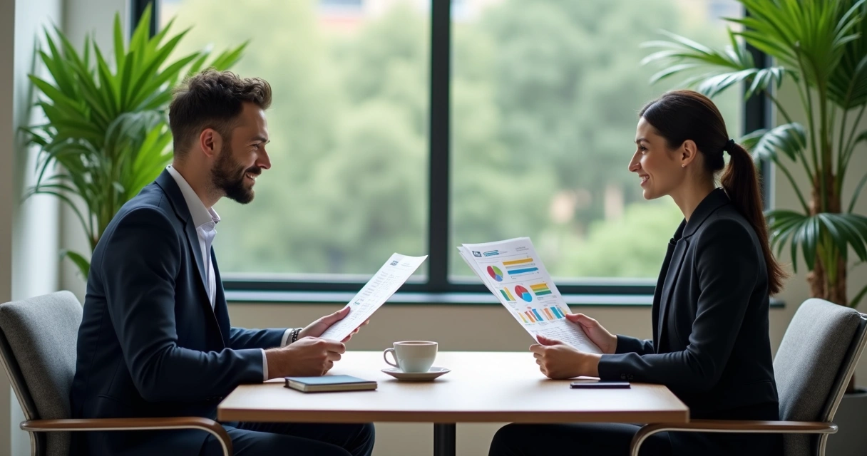 Manager and employee having a respectful performance review meeting across a small table.