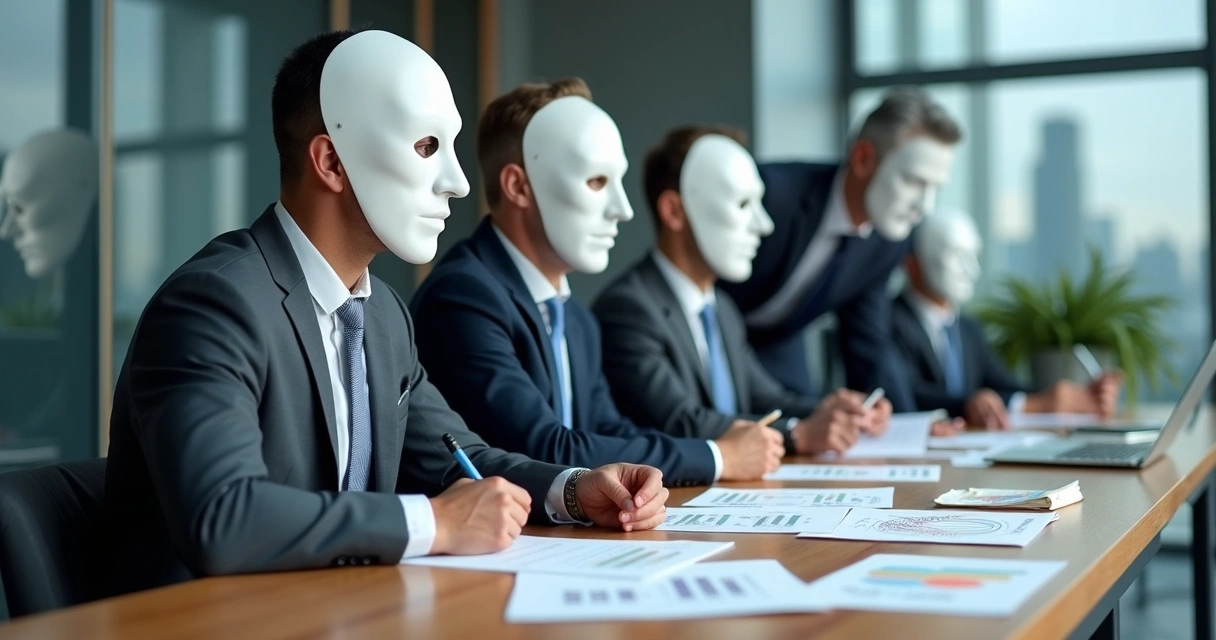 Manager in office pulling scorecards off team members wearing number masks 