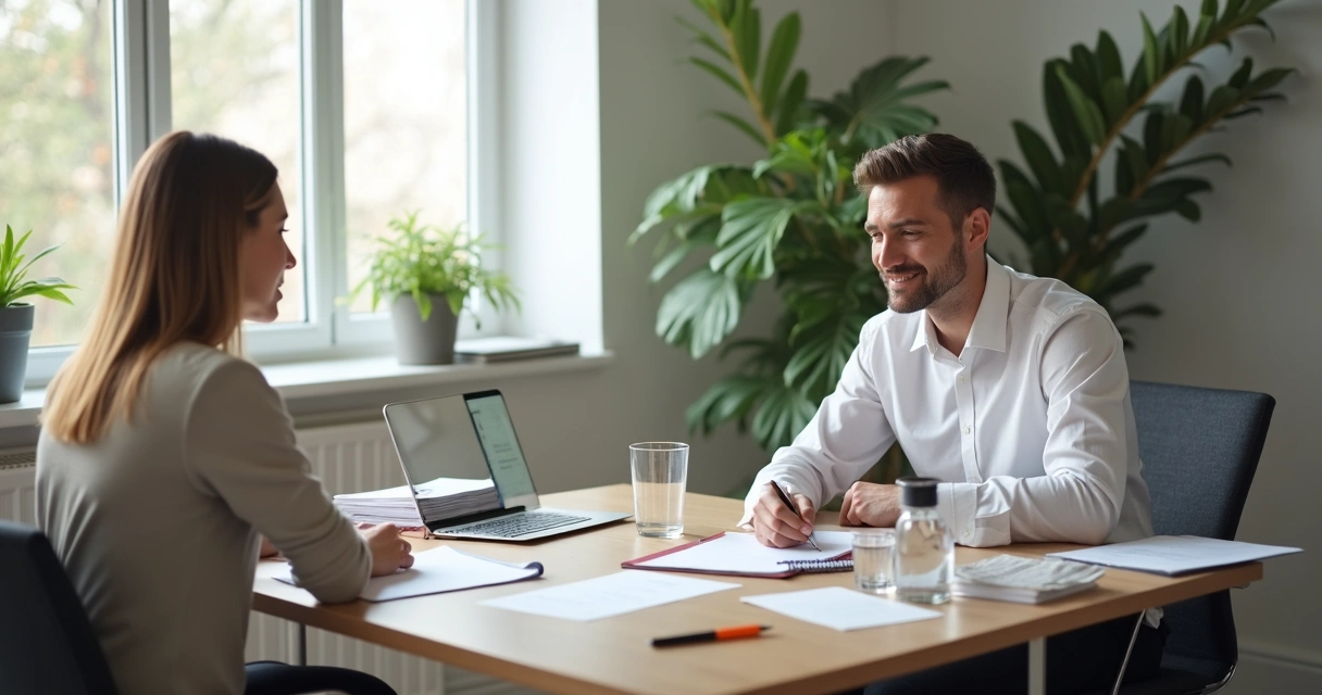 Manager and employee sitting at a desk with performance review forms, neutral expressions