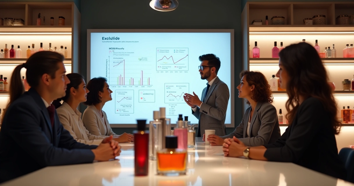 Equipe de perfumaria reunida em frente a um quadro com gráficos de vendas