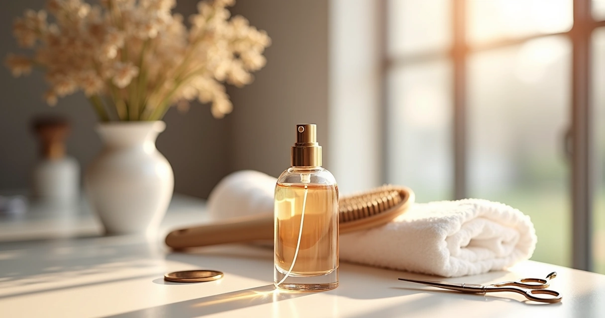 Frasco de perfume capilar sobre bancada de salão 