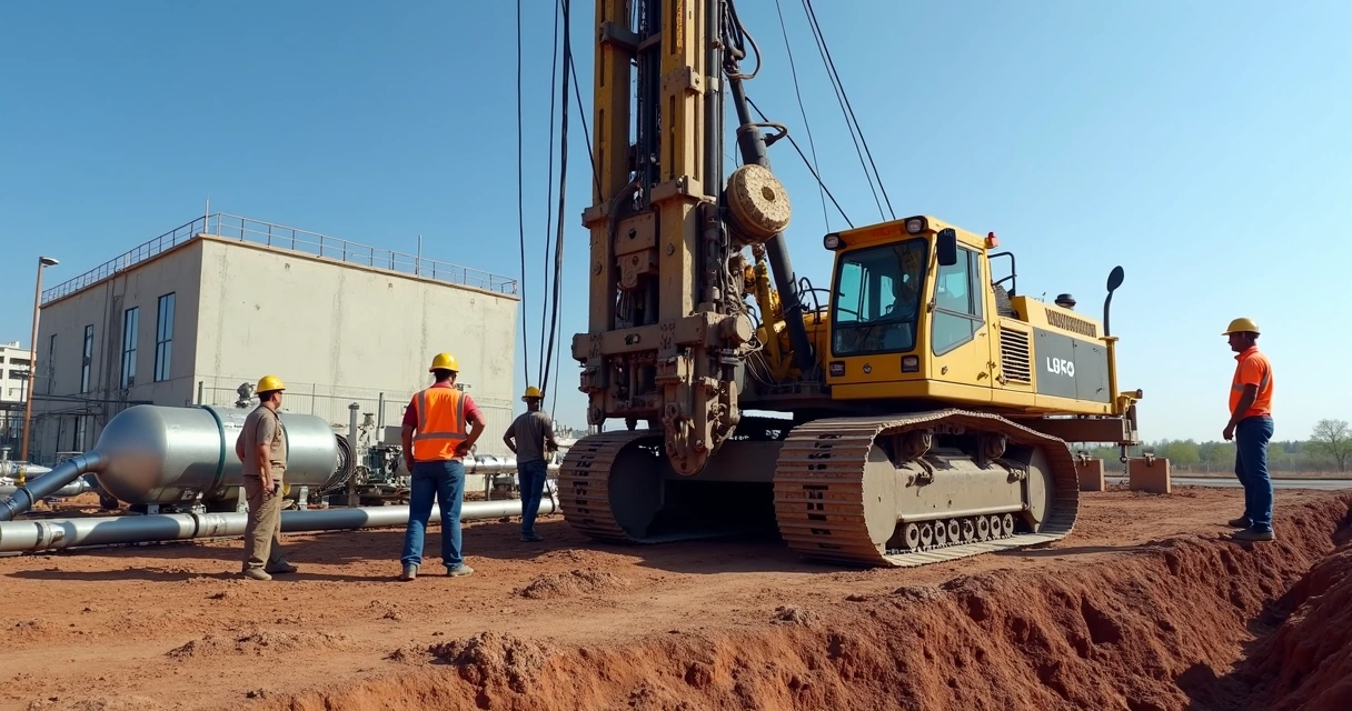 Equipe técnica perfurando poço artesiano em ambiente industrial 