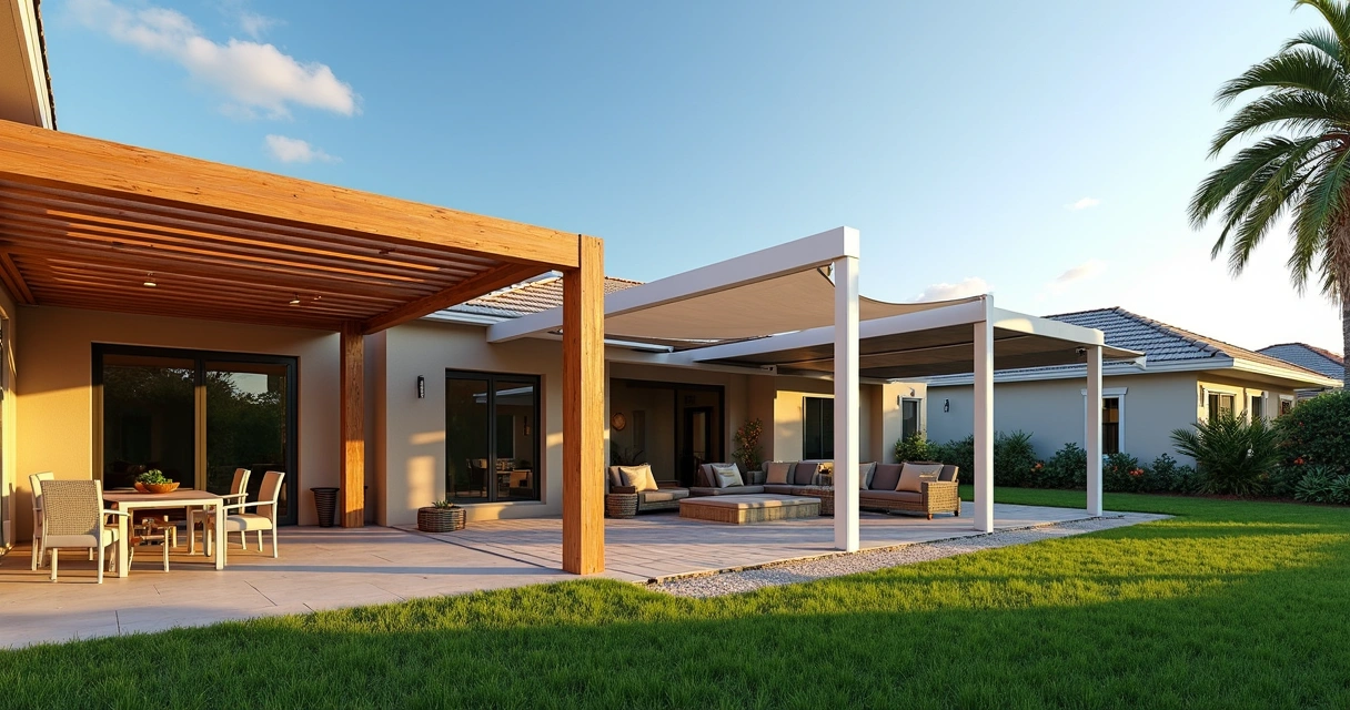 Backyard in Orlando with a pergola, retractable awning and solid patio cover side by side for shade comparison 