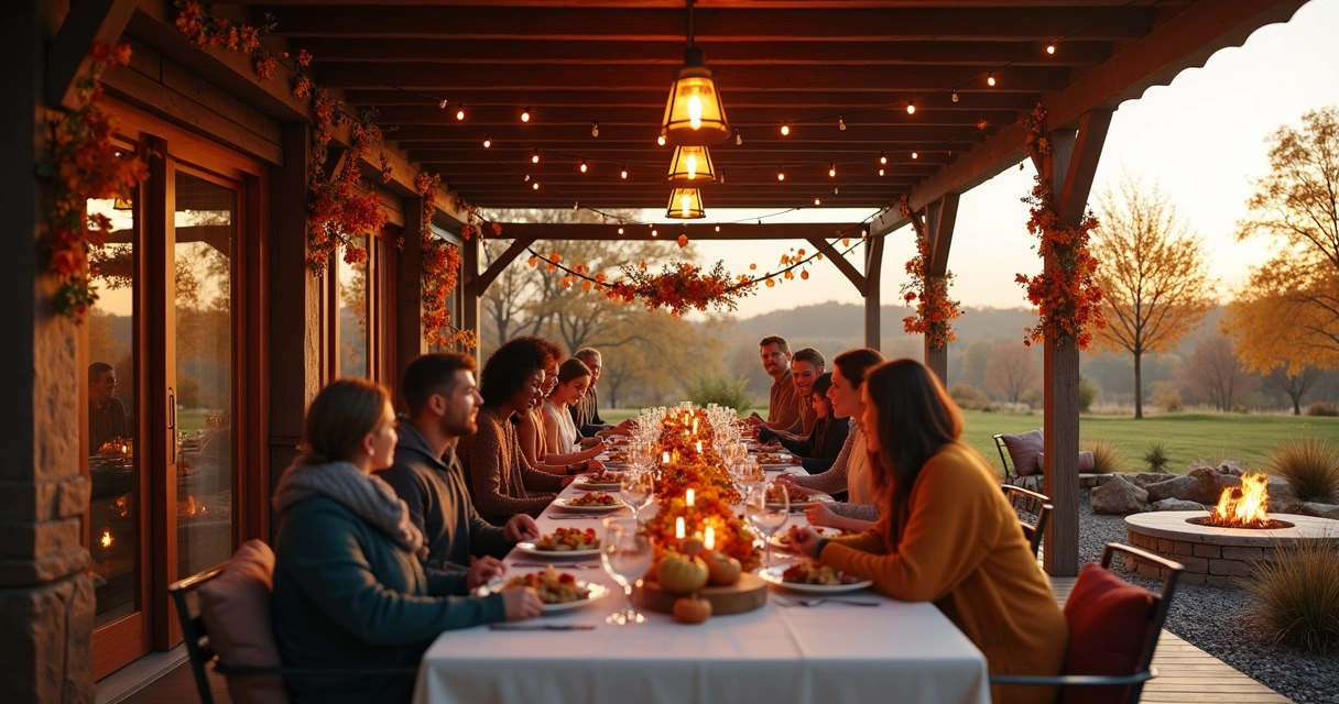 Pergola over festive Thanksgiving patio table