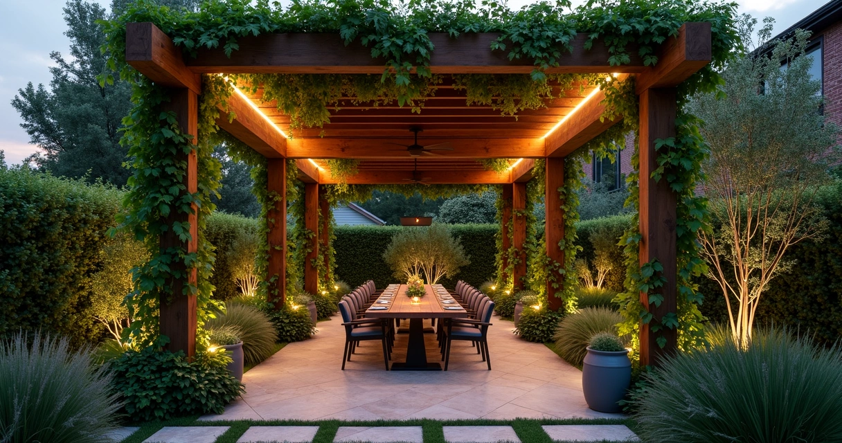 Pergola with biophilic lighting and natural plants 