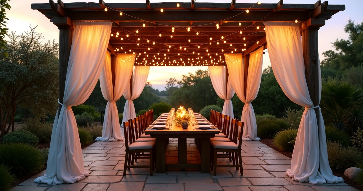 Pergola with curtains and string lights at sunset 