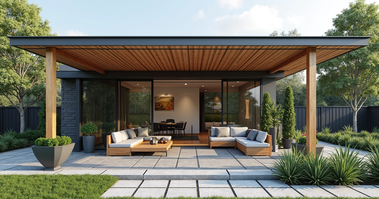 3D render of modern pergola customization options in backyard