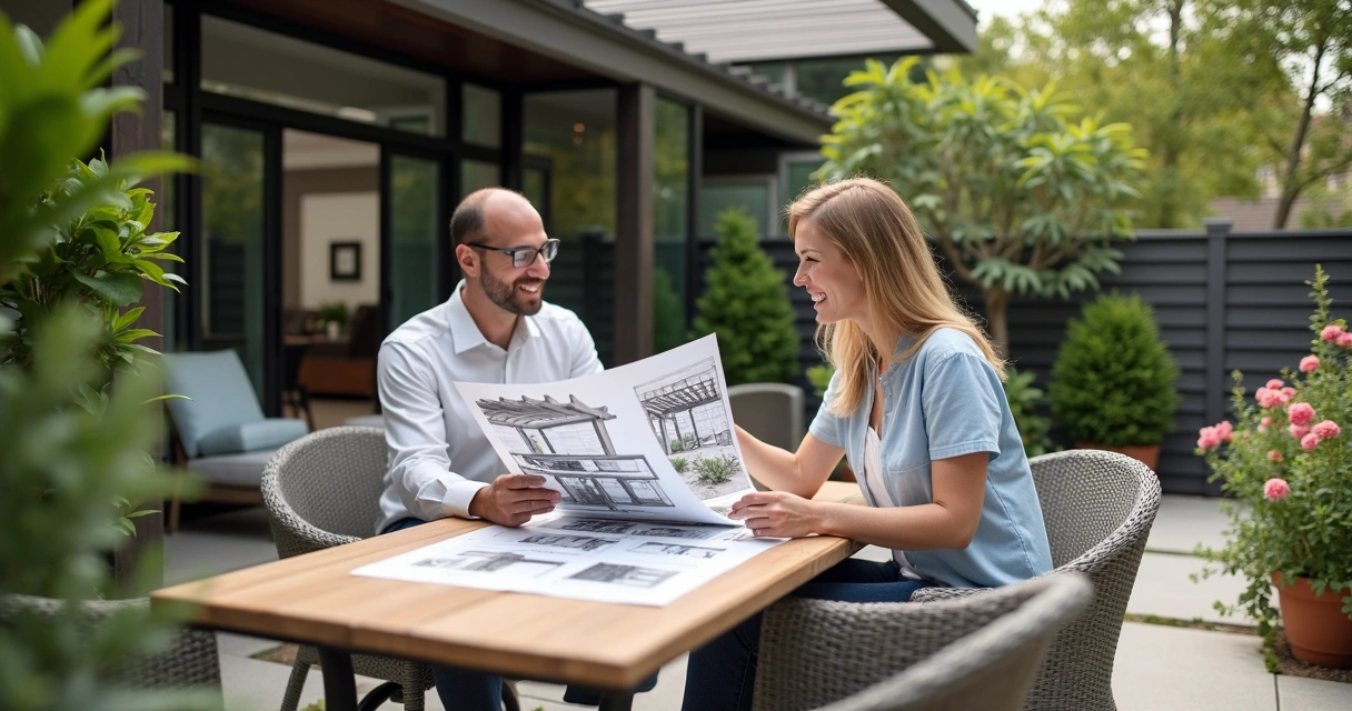 Homeowner and designer reviewing pergola plans outdoors 