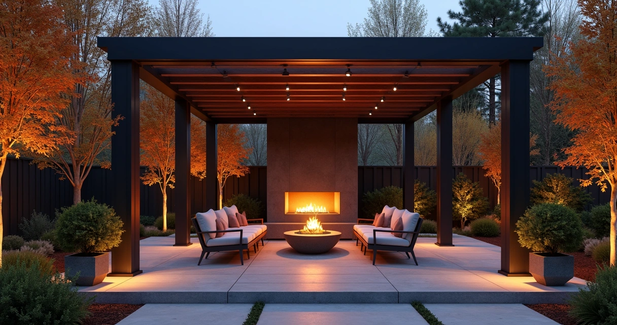 Outdoor pergola with integrated fireplace in modern backyard