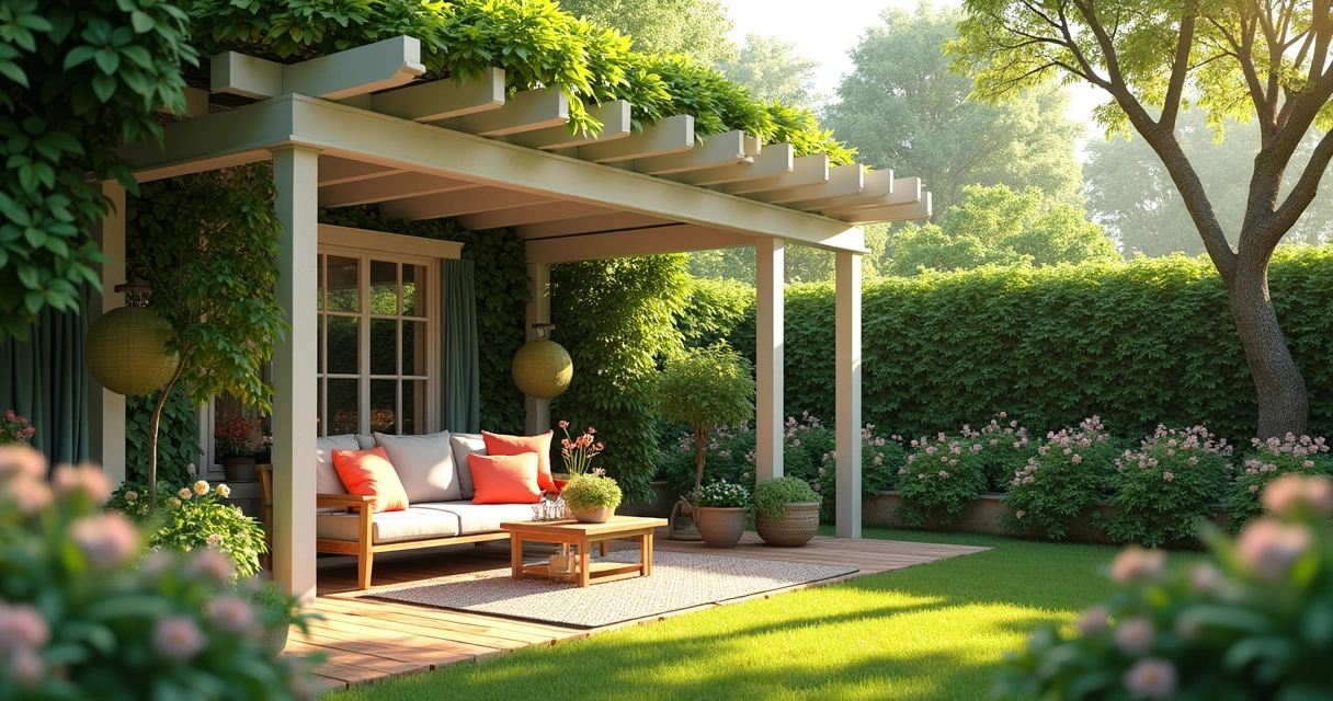 Outdoor living room under garden pergola 
