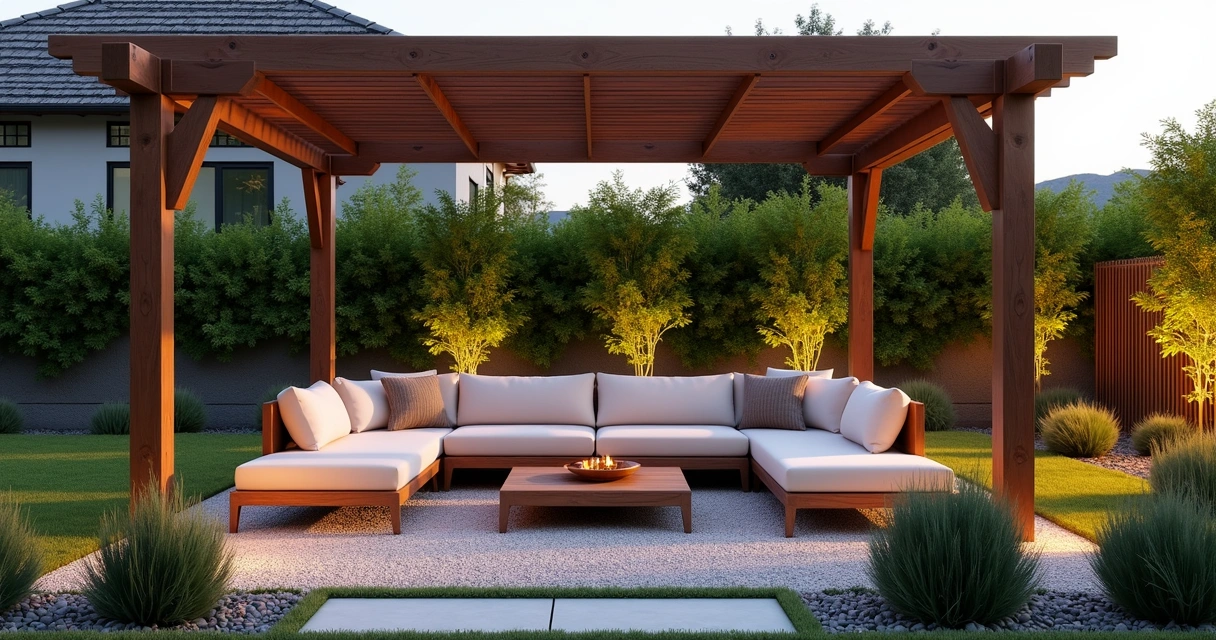Modern wood pergola over outdoor seating area in backyard