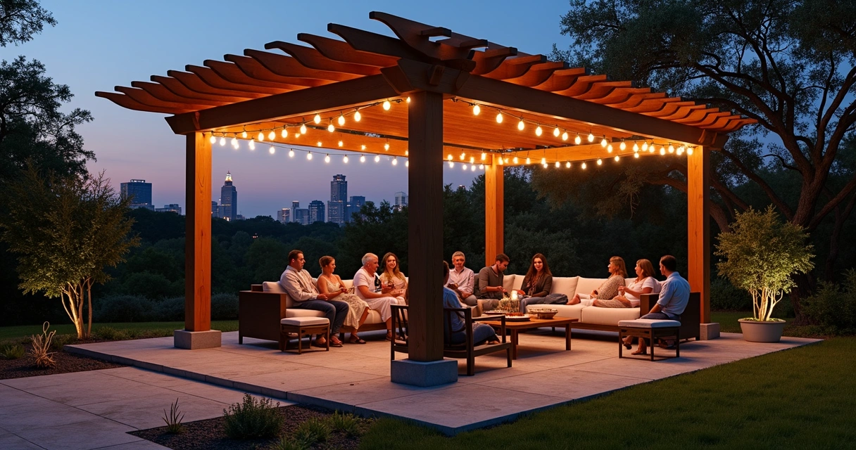 Pergola at night with soft lighting and party gathering 