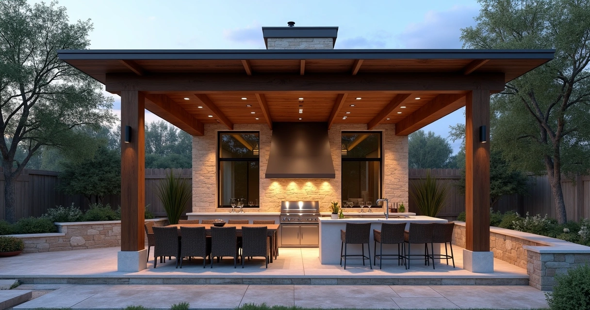Outdoor kitchen and pergola with seating