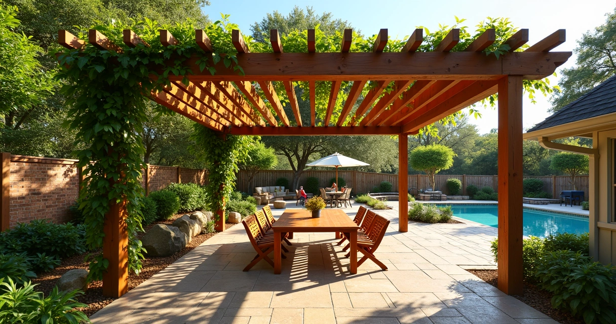 Pergola with hanging plants and filtered shade 