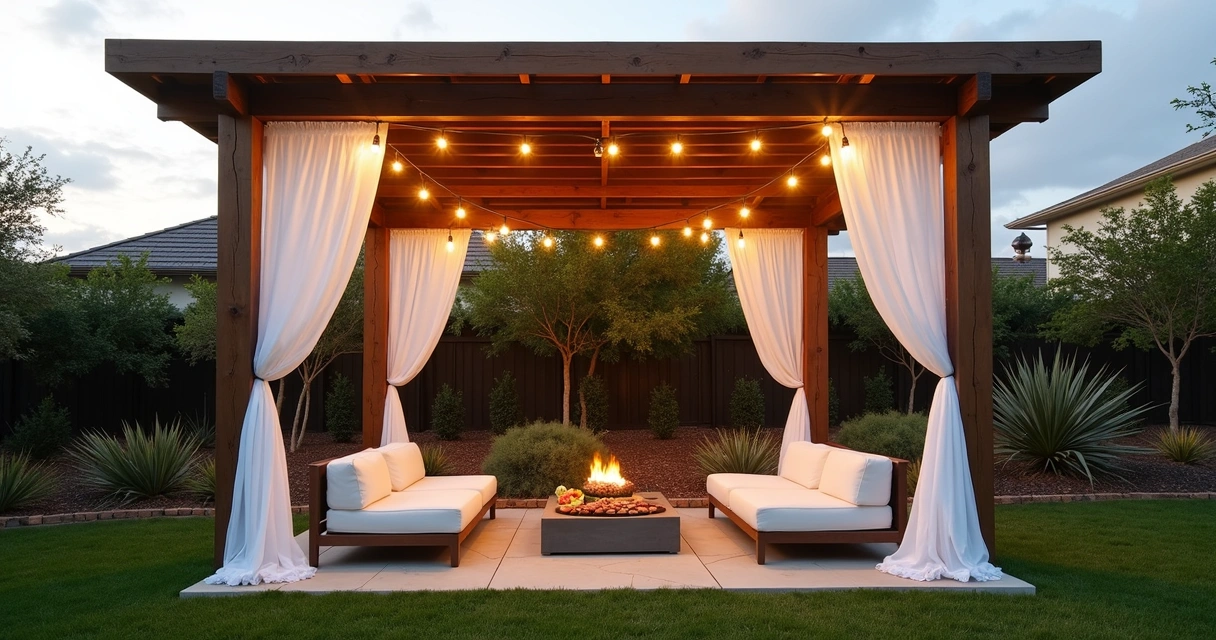 Wooden pergola with stylish seating and hanging lights. 
