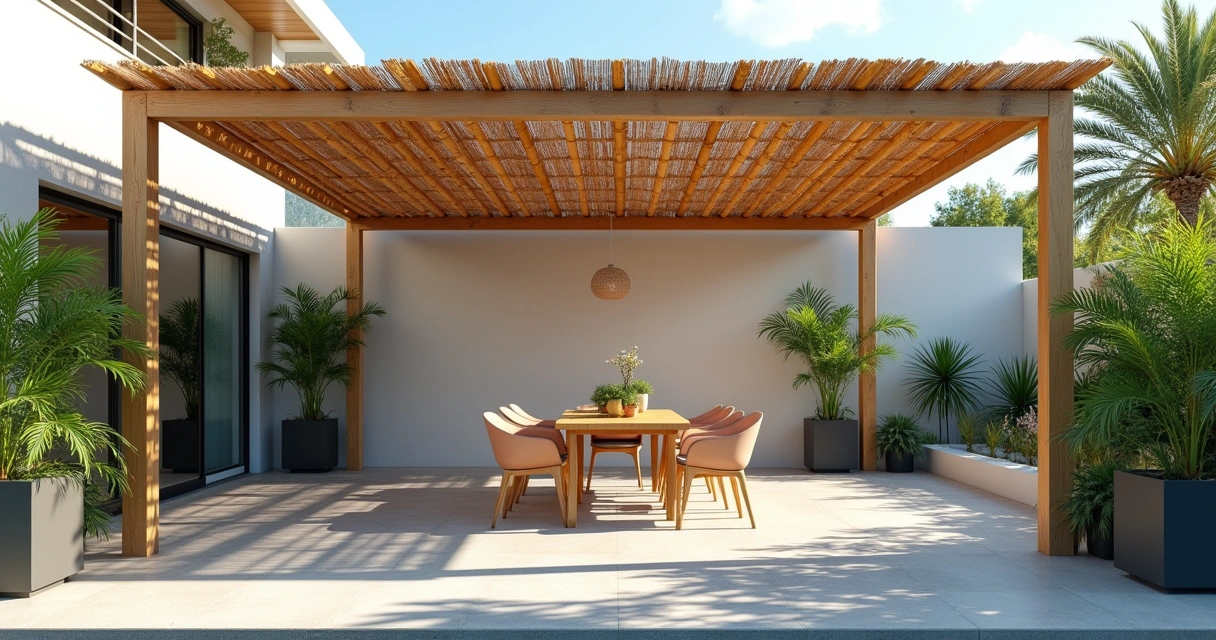 Pergolado de bambu sobre deck de concreto com área de lazer 