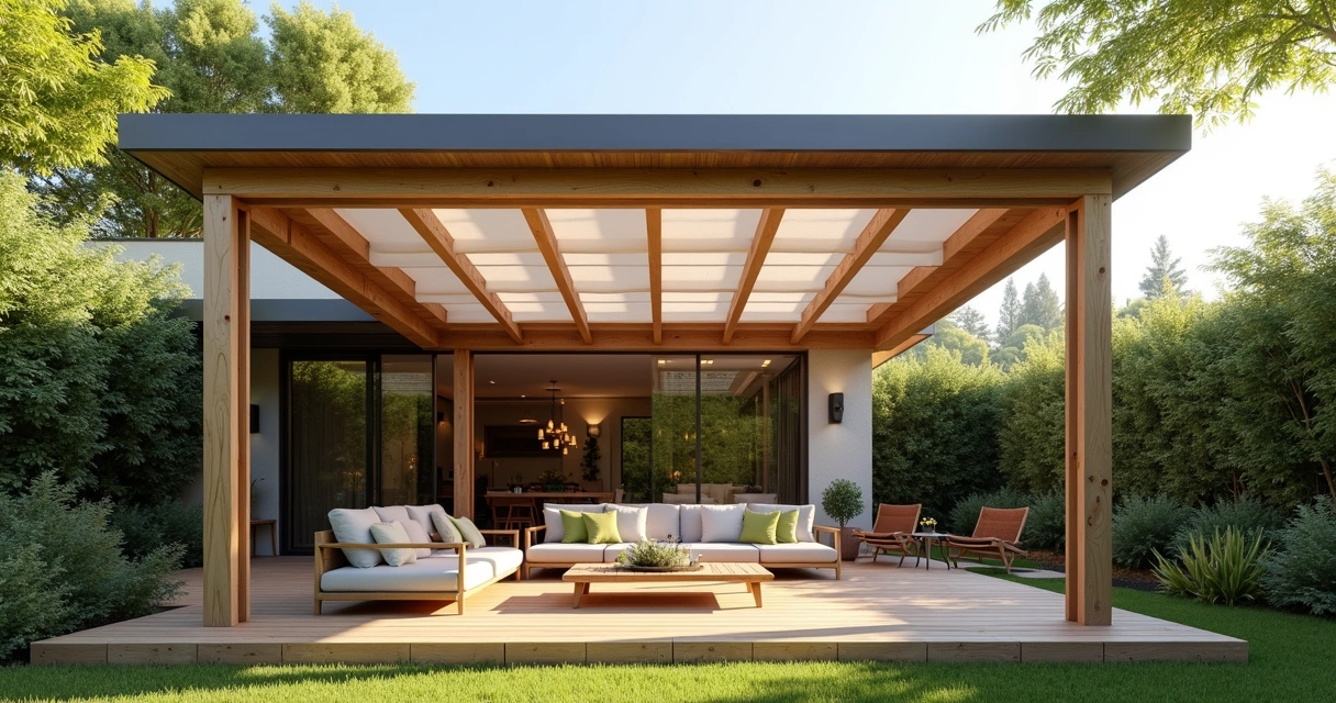 Tendências em design de pergolados para jardins residenciais 1 Pergolado moderno com estrutura de madeira e cobertura translúcida no jardim