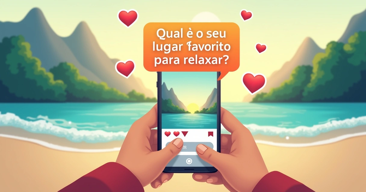 Postagem no celular com a pergunta “Qual é o seu lugar favorito para relaxar?” em fundo de praia e montanha.