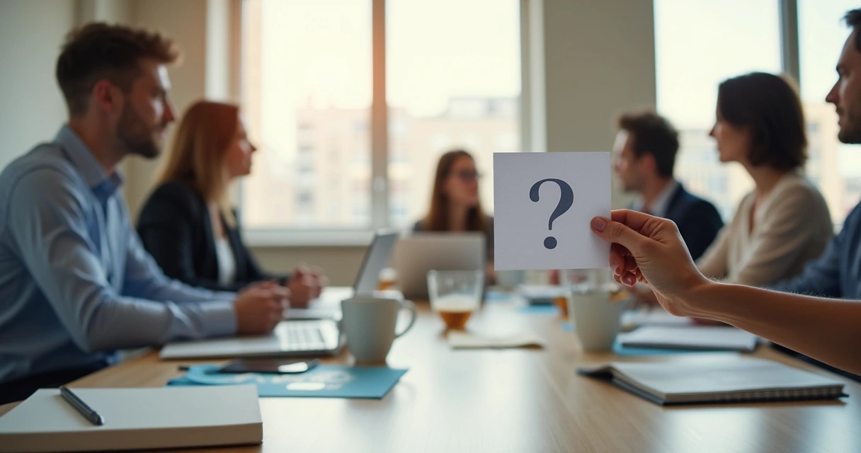 Pessoa segurando um cartão com uma pergunta em uma reunião 