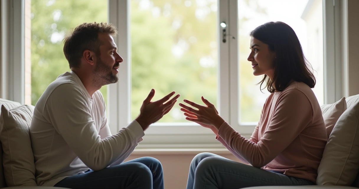 Duas pessoas conversando sentadas em uma sala arejada, uma faz perguntas e a outra responde de forma aberta 