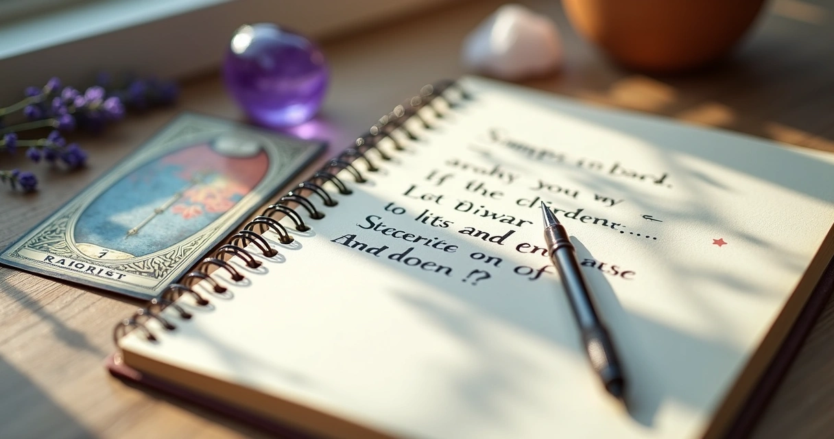 Perguntas escritas em caderno ao lado de cartas de tarot 
