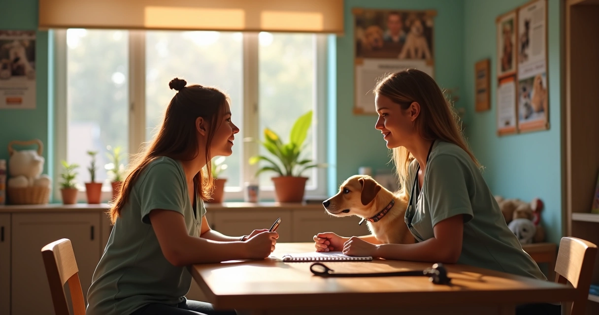 Pessoa conversando com tutor de pet em ambiente de recepção, com caderno de anotações e coleira de cachorro sobre o balcão
