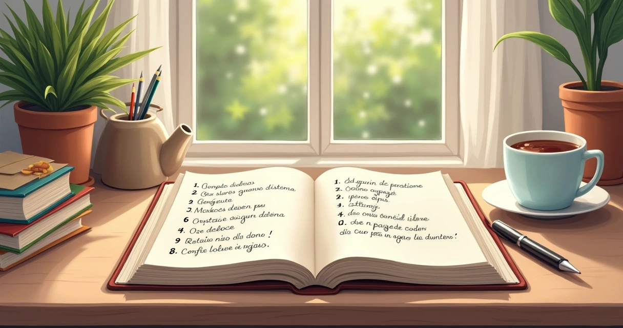 Bloco de anotações com dez perguntas escritas, uma xícara de chá ao lado 