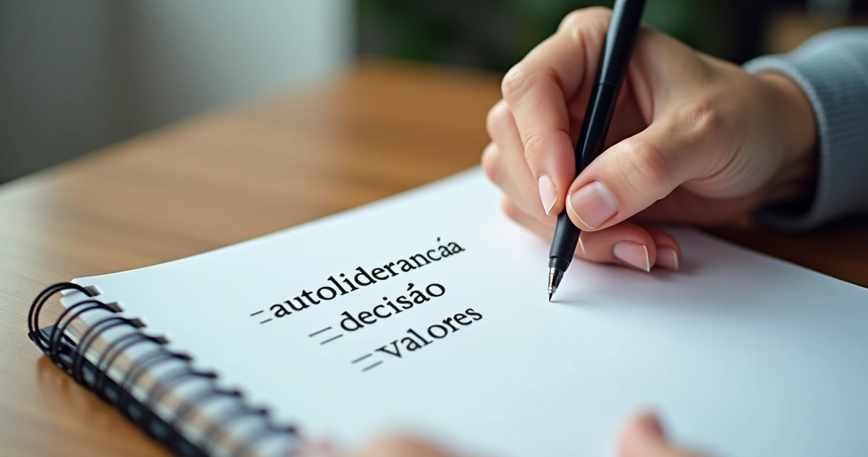 Mão escrevendo perguntas em bloco de notas sobre autoliderança 