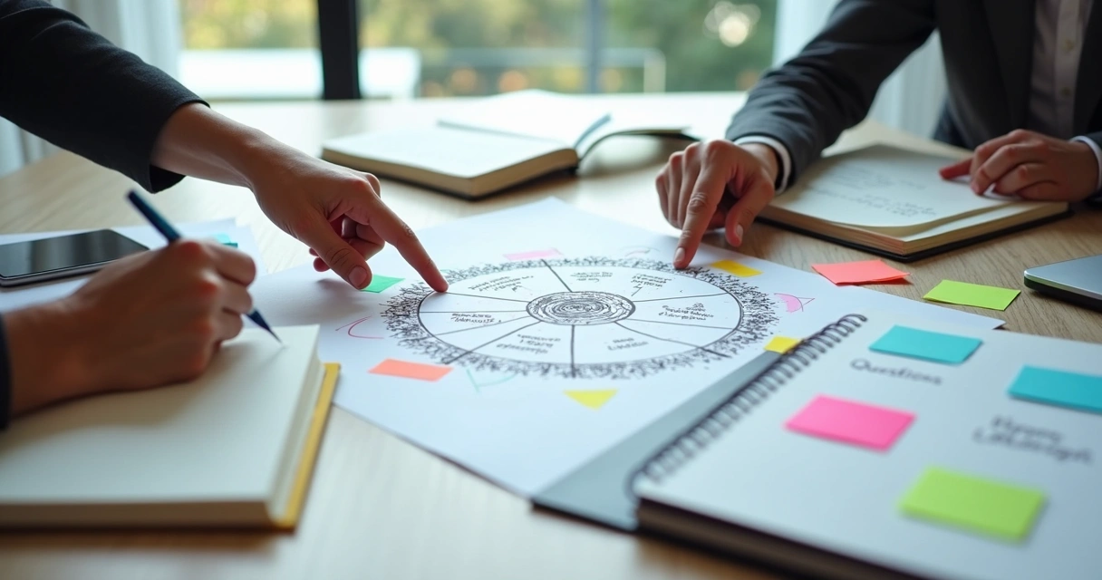 Mesa de trabalho com blocos de notas e diagramas de perguntas circulares desenhados 