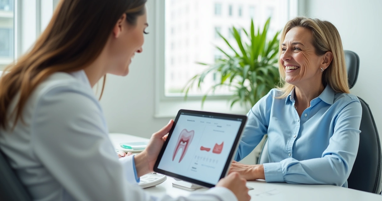 Paciente conversando com dentista durante a consulta, ambos sorrindo e atentos