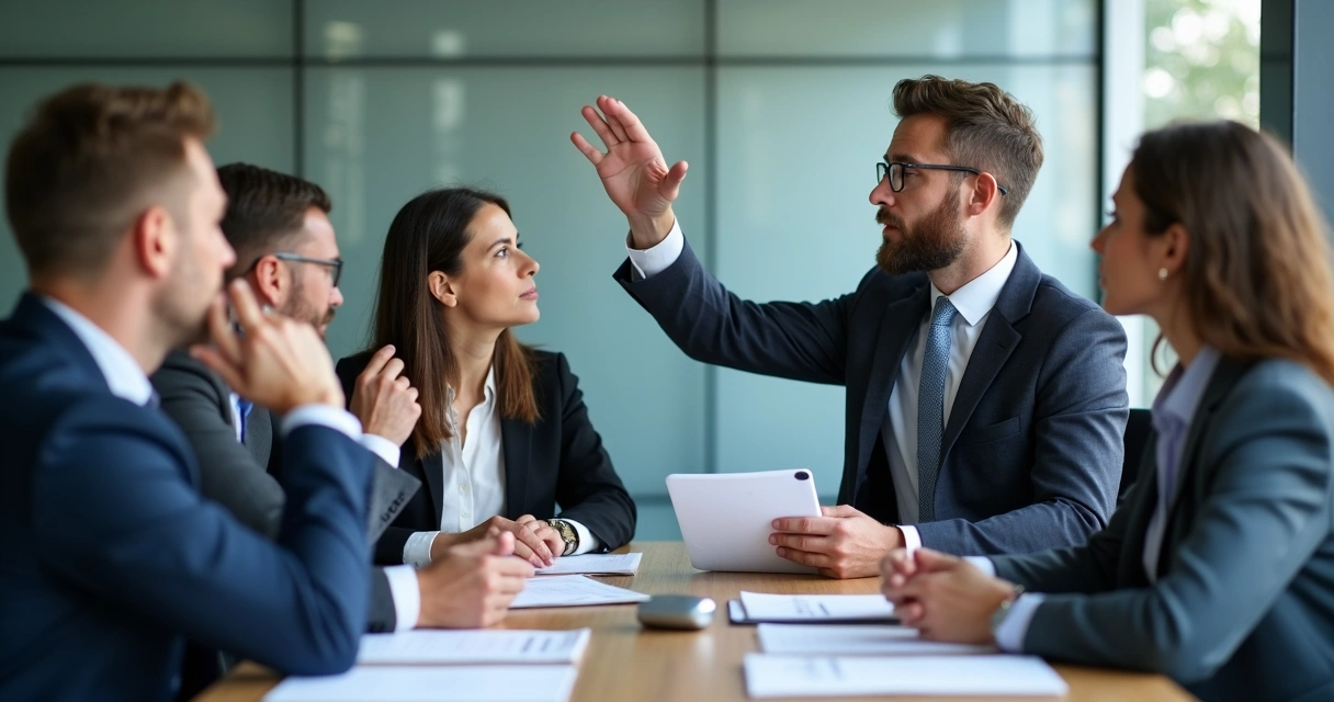Executivo fazendo perguntas durante reunião de consultoria em IA 