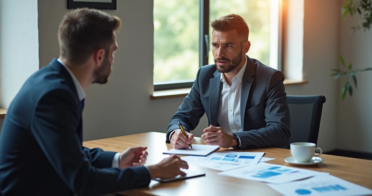 Consultor anotando respostas de cliente ao fazer perguntas de situação 
