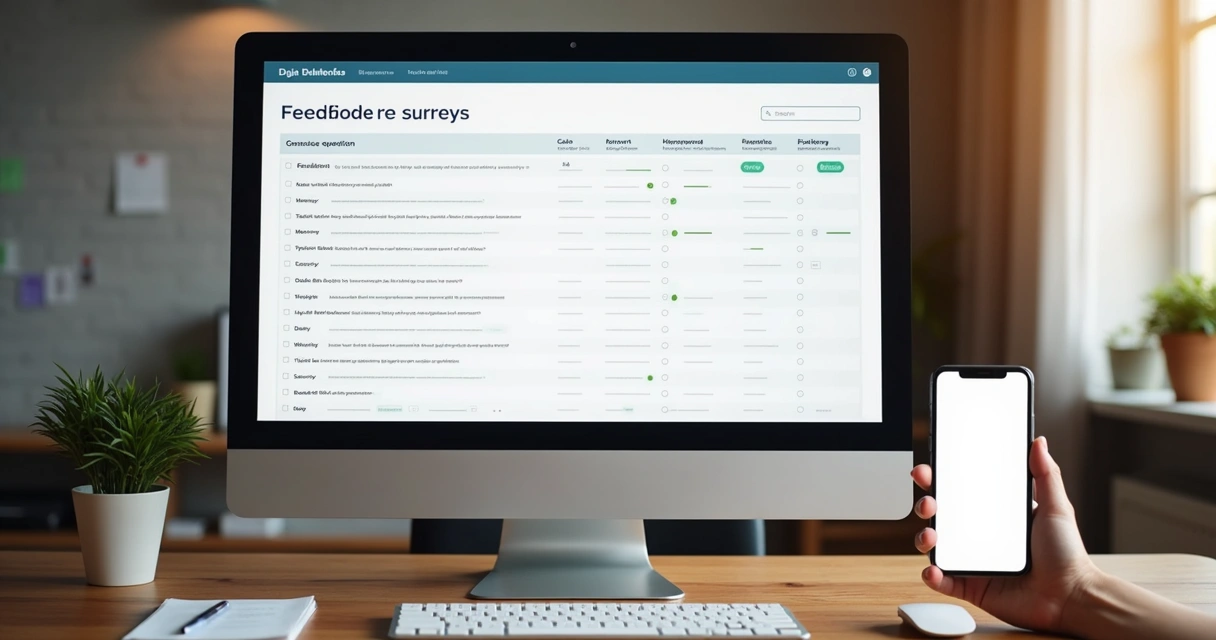 Tela de pesquisa de feedback com perguntas objetivas e campos para resposta