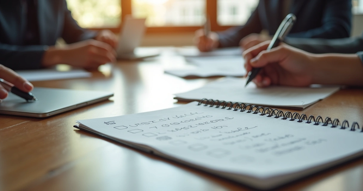 Caderno com perguntas anotadas em mesa de reunião 