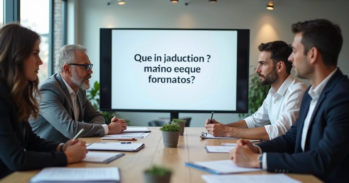 Equipe pequena discutindo perguntas de vendas em sala de reunião