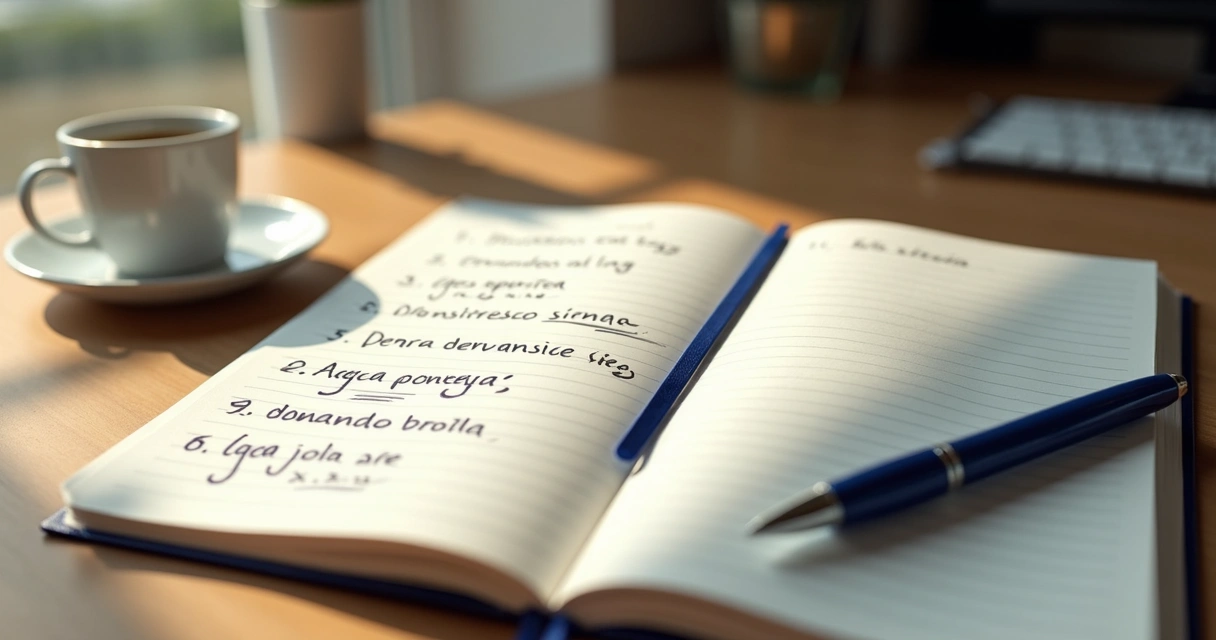 Caderno aberto com oito perguntas escritas em português e uma caneta ao lado