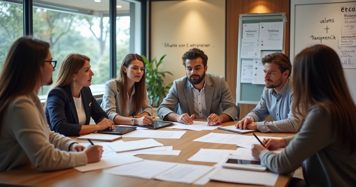 Equipe em reunião analisando perguntas sobre ética interna