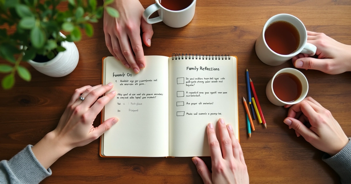 Caderno com perguntas de conversa em família sobre a mesa