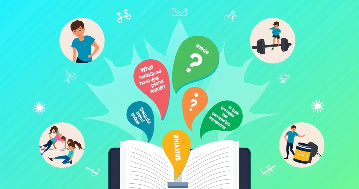 Ilustração sobre perguntas frequentes sobre creatina, com um caderno central e ícones de fitness.
