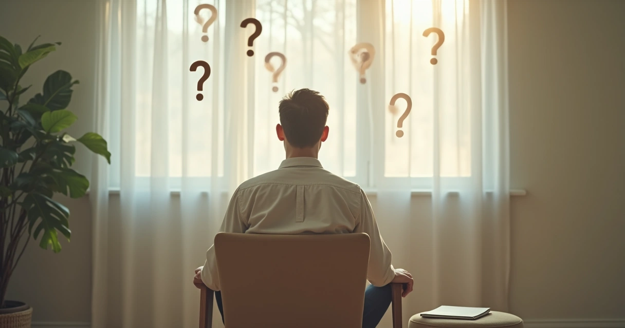 Pessoa sentada em reflexão com perguntas ao redor 