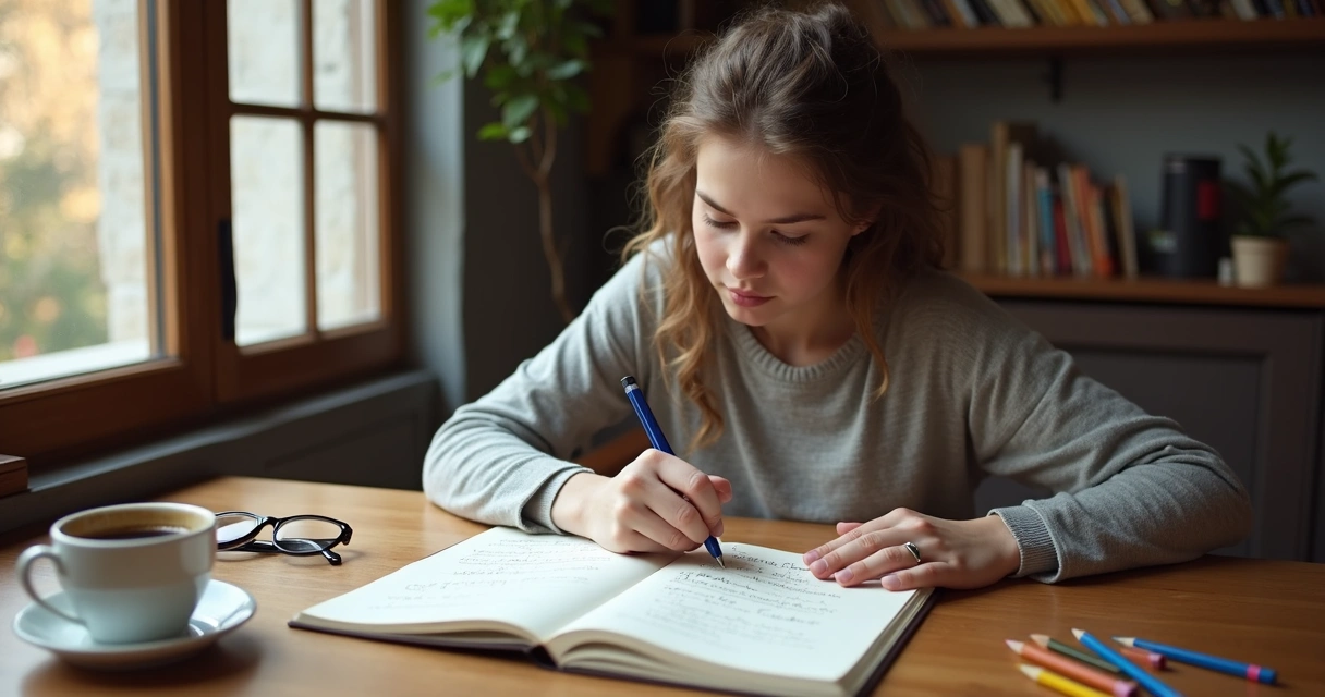 Pessoa anotando perguntas reflexivas em um caderno 