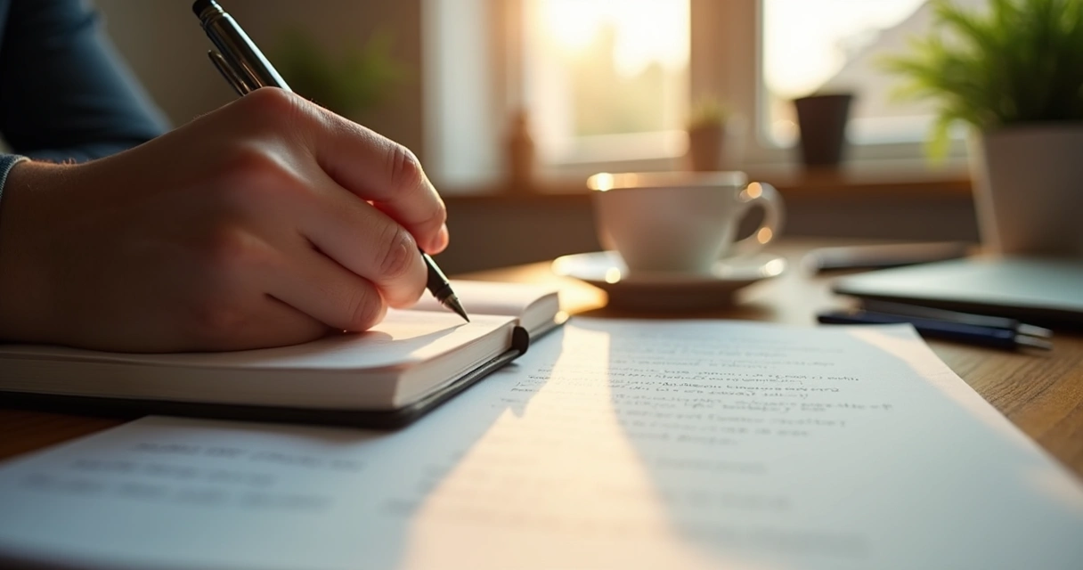 Mão escrevendo perguntas reflexivas em um caderno